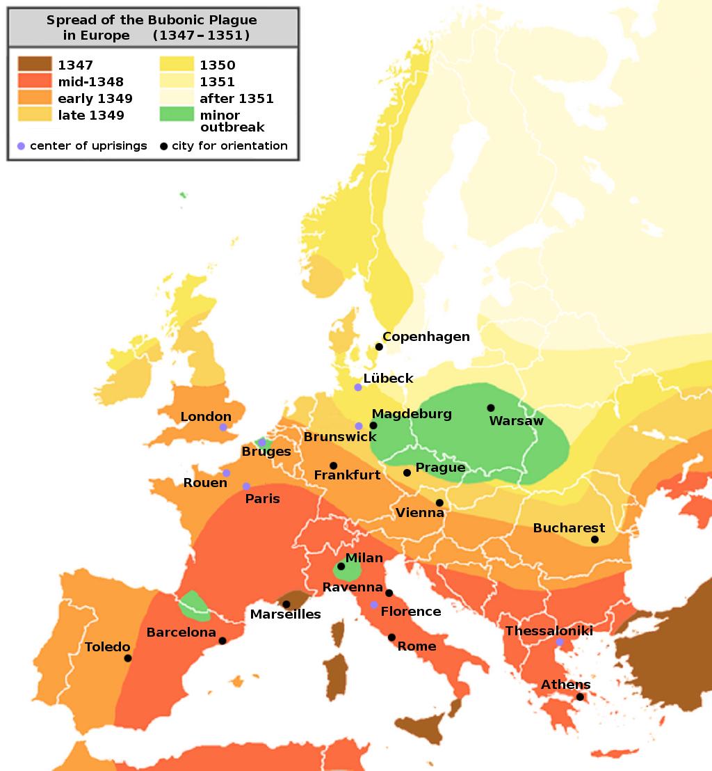 Figura 2.3: Propagação da peste negra na Europa durante idade média. Fonte: Roger Zener, Wikimedia Commons. Figura 2.4: Propagação da epidemia de SARS pelo mundo de novembro de 2002 a abril de 2003.