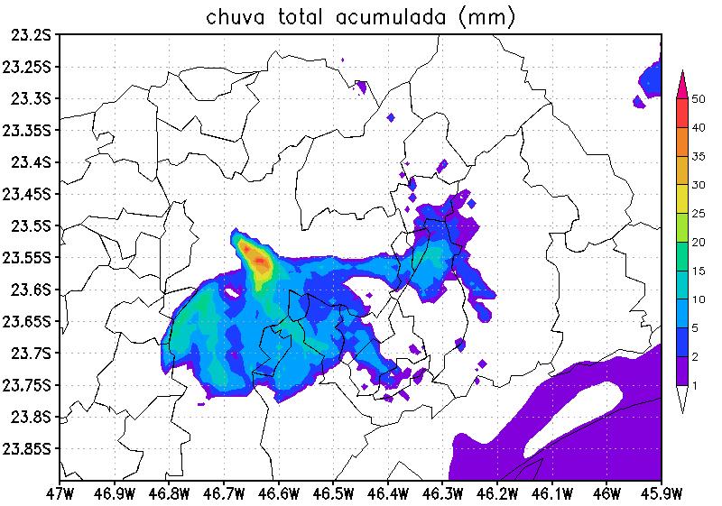 Figura 9 - Chuva acumulada (mm) durante evento de 14 de fevereiro de 2013, obtida