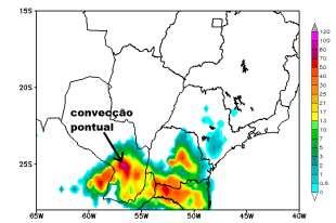 acumulada simulada pelo esquema Kain-Fritsch na simulação WRF (mm/3h); (d) precipitação