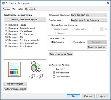 Seleção das opções de leiaute e impressão - Windows Você pode selecionar uma variedade de opções adicionais de leiaute e impressão para seus documentos ou fotos na guia Mais opções. 1.