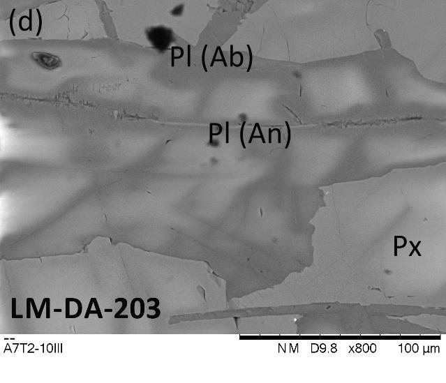frescas. (b) Fotomicrografia com polarizador cruzado de anfibólio (Anf) em meio a cristais de plagioclásio e piroxênio (Px), além de argilominerais (Arg).