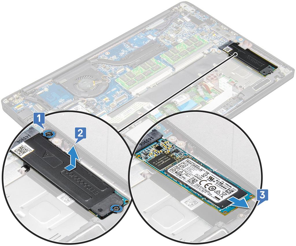 Instalar a SSD PCIe 1 Introduza a placa SSD PCIe dentro do conector. 2 Instale o suporte da SSD sobre a placa SSD PCIe.