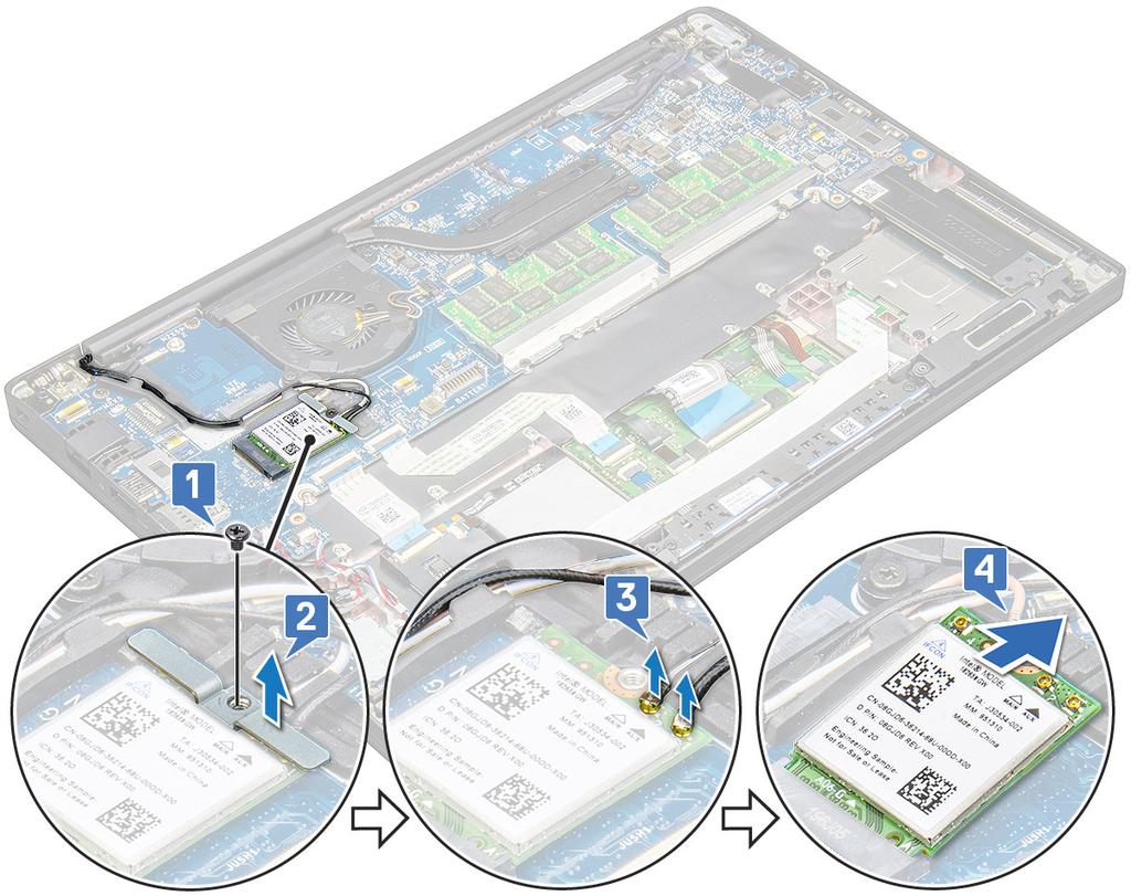 Instalar a placa WLAN 1 Insira a placa WLAN no conector na placa de sistema. 2 Ligue os cabos aos conectores na placa WLAN. 3 Coloque o suporte metálico e aperte o parafuso M2.0 x 3.