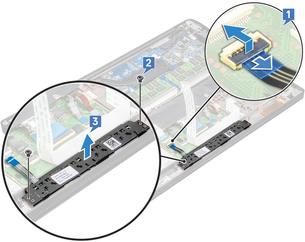 Instalar a placa de botões do painel tátil 1 Insira a placa de botões do painel tátil na ranhura para alinhar as patilhas com as ranhuras no sistema. 2 Volte a colocar os dois parafusos (M2.0 x 3.