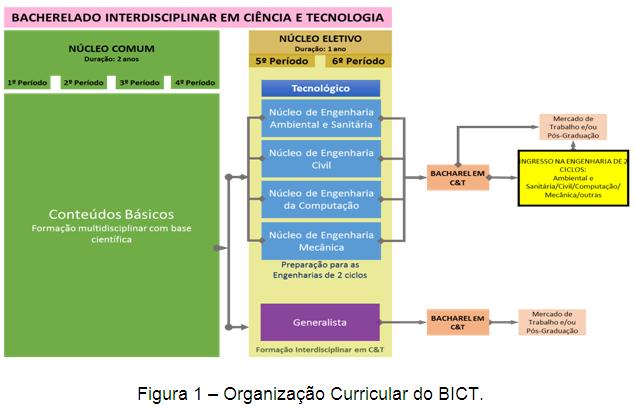 Escolher o Núcleo Generalista (lilás) completará sua formação em BICT para atuar no mercado de trabalho ou prosseguir para uma pósgraduação. A Figura 1 apresenta a estrutura curricular do BICT.