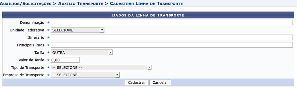 2.17 Cadastrar Linhas de Transporte Esta funcionalidade permite que seja realizado os cadastros das linhas de transportes.