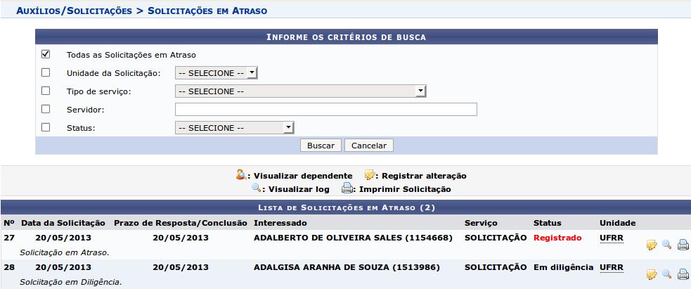 2.1.5 Solicitações em atraso Nessa opção é possível ver as solicitações que estão em atraso segundo a data registrada no campo Prazo de