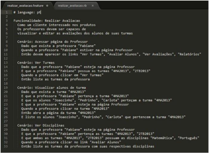 Figura 6 Descrição da funcionalidade Realizar Avaliação. Para executar os testes, o comando rake cucumber figura 7 deve ser executado.