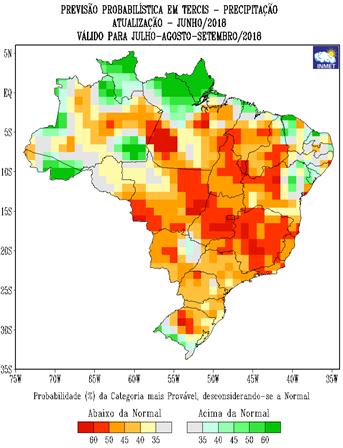 Figura 3 - Previsão probabilística de precipitação do modelo estatístico do Inmet para o trimestre janeiro, agosto e setembro de 2018