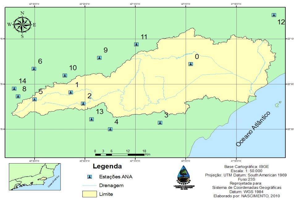 Figura 1 Mapa de Localização das Estações Pluviométricas e Fluviométricas na bacia do rio Macaé (RJ) Tabela 1 Estações Pluviométricas selecionadas para a região da bacia do rio Macaé ID Estações