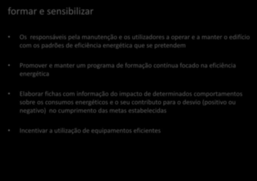 ESTRATÉGIAS PARA UM EDIFÍCIO nnzeb: Utilização formar e sensibilizar Os responsáveis pela manutenção e os utilizadores a operar e a manter o edifício com os padrões de eficiência energética que se