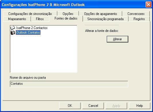 Fontes de dados: Para alterar a fonte de dados, selecione na lista o item que você deseja alterar e clique em Alterar.