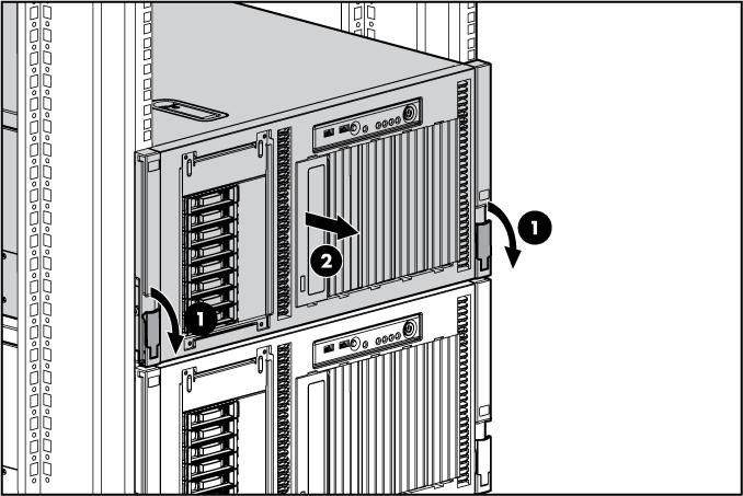 Deslocamento do servidor do rack 1. Pressione para baixo as travas de liberação rápida das laterais do servidor para retirar o servidor do rack.