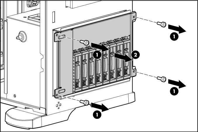 6. Remova os quatro parafusos T-15 do gabinete do disco rígido e deslize-o, parcialmente, para fora do chassi. 7.