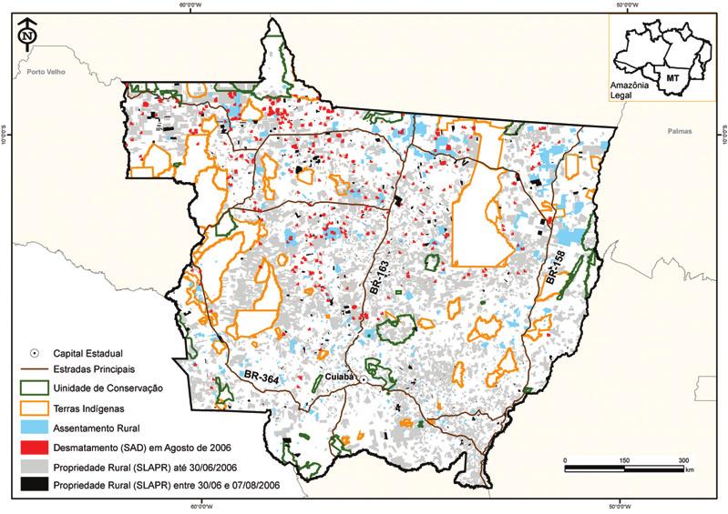 Geografia do Desmatamento A grande maioria (89%) do desmatamento detectado pelo SAD em agosto de 2006 ocorreu em propriedades rurais.