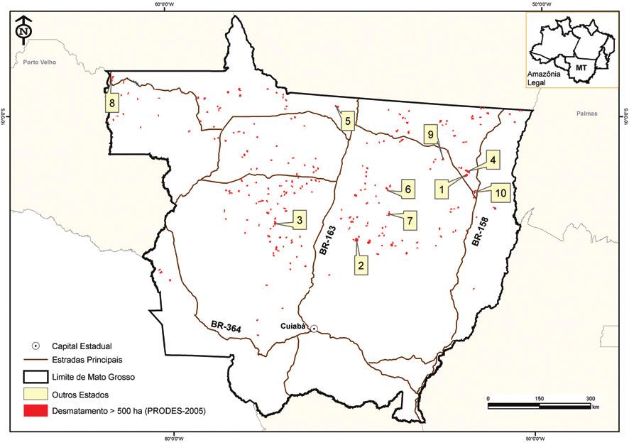 Os Mega-Desmatamentos em Mato Grosso Em 2005, foram detectados pelo Prodes 249 polígonos de desmatamento maiores que 500 hectares em Mato Grosso (Figura 5).