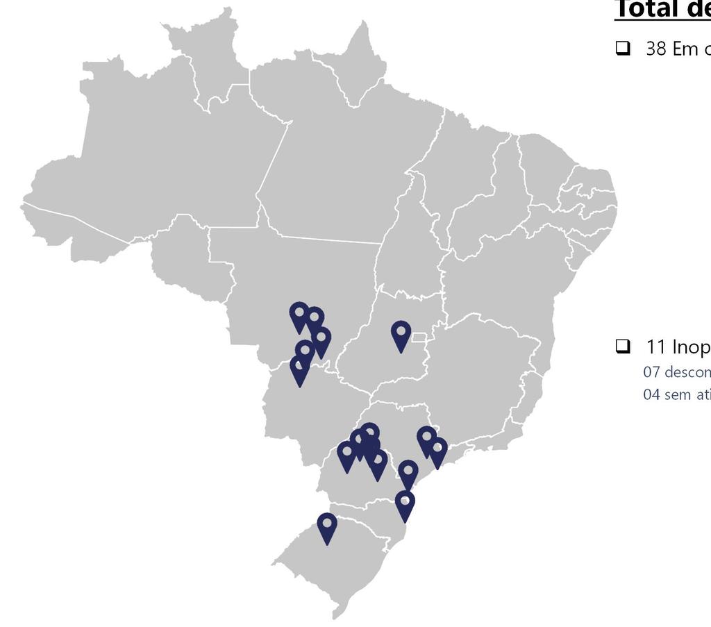 MAPA DAS UNIDADES DAS RECUPERANDAS Destaques Total de 49 Unidades 38 Em operação 06 Escritórios Administrativos 08 Escritórios Comerciais 04 Fábricas 09 Fazendas 01 Posto de Combustível 02 Terminais