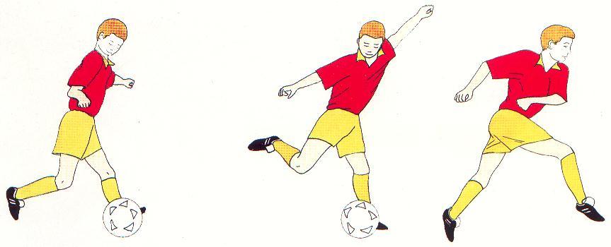 Remate com o Pé - Não inclinar o corpo atrás e colocar o pé de apoio ao lado da bola; - Pode ser executado com o peito do pé para dar velocidade e potência à bola; ou com a parte interior ou exterior