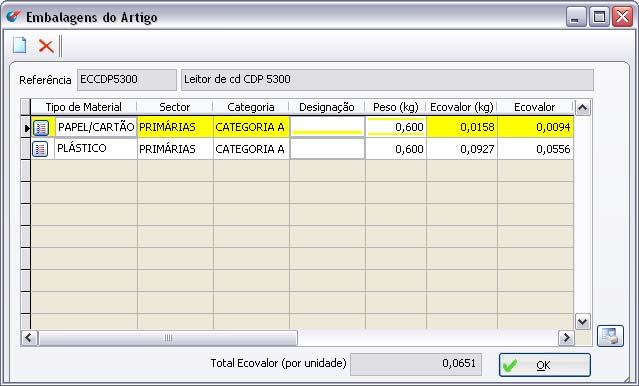 Gestão de Embalagens O ecrã de materiais de embalagens permitirá definir os tipos de embalagens (papel/cartão, aço,