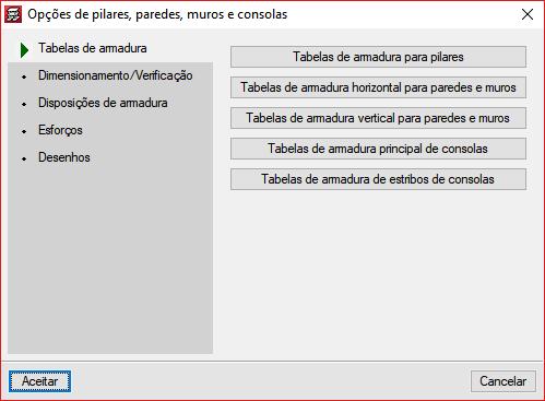 armadura para cada tipo de elemento estrutural. No menu Obra> Dados obra, prima em Opções.