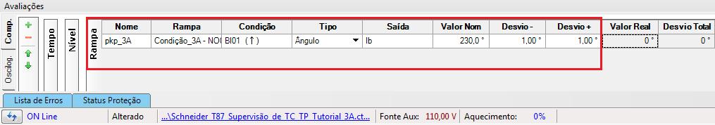 O objetivo do próximo teste é avaliar o valor de diferença angular mínima nas outras duas fases (110 ) de modo que a função atue o que equivale ao valor de 230 para fase B, ou seja, (120 +110 ).