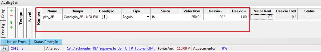 O objetivo do próximo teste é avaliar o valor de diferença angular máxima nas outras duas fases (130 ) de modo que a função atue o que equivale ao valor de 250 para fase B, ou seja, (120 +130 ).