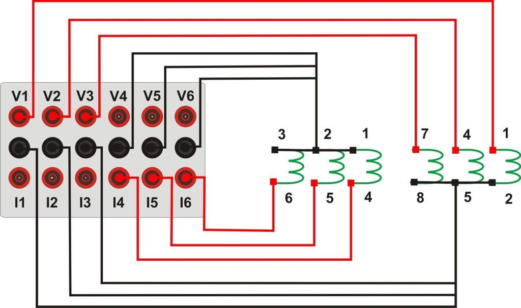 2 Bobinas de Corrente e Tensão Para estabelecer a conexão das bobinas de tensões, ligue os canais de corrente V1, V2 e V3 aos pinos 1, 4 e 7 do módulo E (Apêndice A) do relé e conecte os comuns