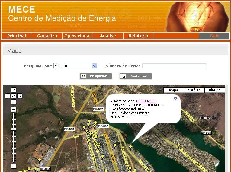 Visualização gráfica através de mapa digitalizado da região onde os medidores estão instalados; Figura 5 Georeferenciamento de unidades consumidoras Relatórios sobre a parametrização dos medidores e