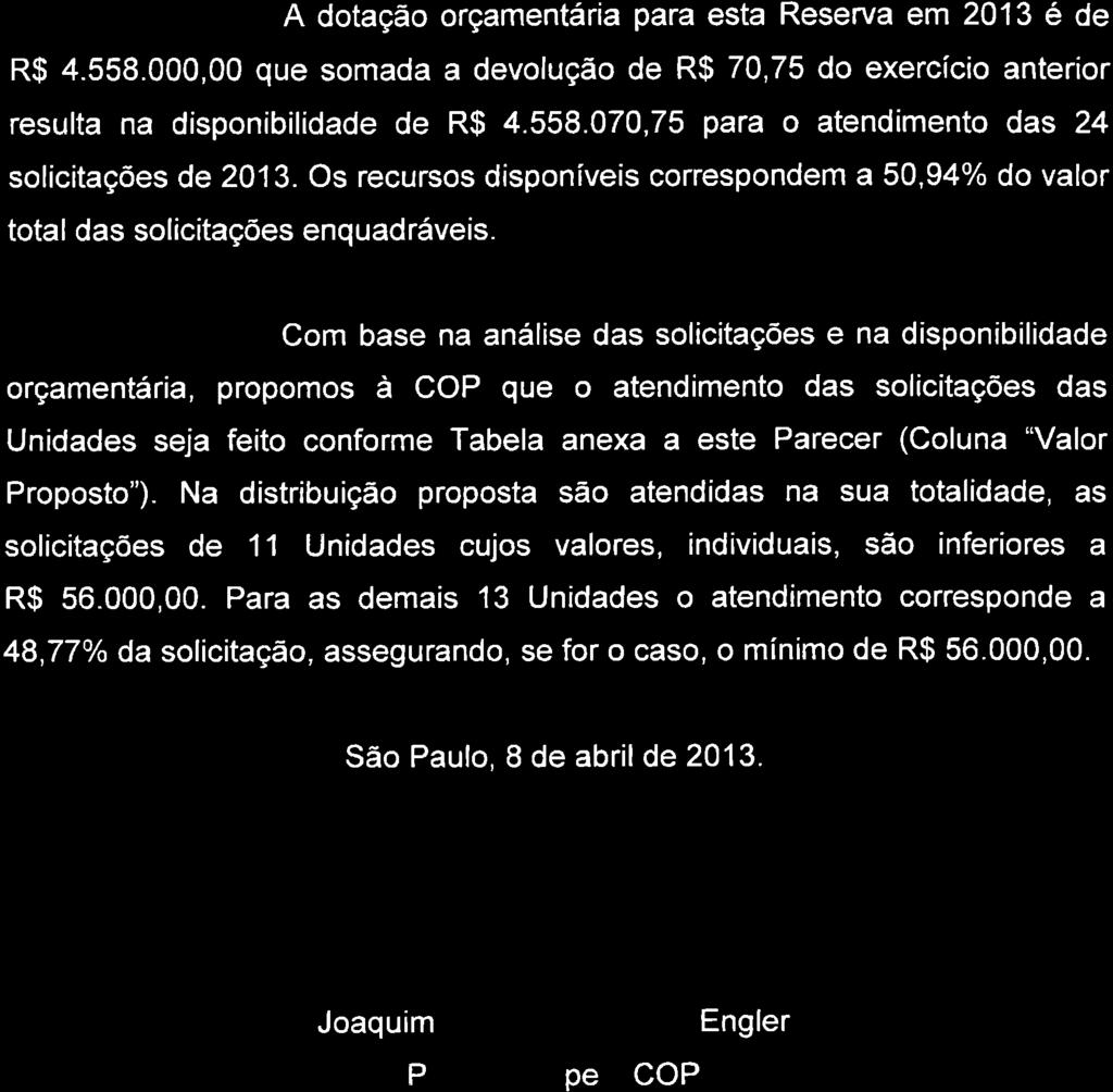 A dotação orçamentária para esta Reserva em 2013 ê de R$ 4.558.000,00 que somada a devolução de R$ 70,75 do exercício anterior resulta na disponibilidade de R$ 4.558.070,75 para o atendimento das 24 solícitações de 2013.