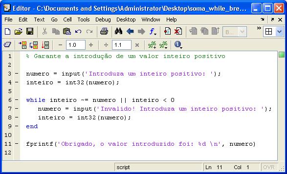 Exemplo verificação de entrada >> garante_inteiro Introduza um inteiro positivo: 2.2 Invalido! Introduza um inteiro positivo: -1 Invalido!