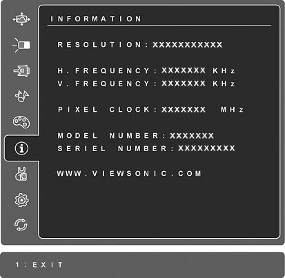 Controle Explicação Information (Informações) exibe o modo de sincronização (entrada do sinal de vídeo), vindo da placa gráfica em seu computador, o número do modelo LCD, o número de série e o URL do