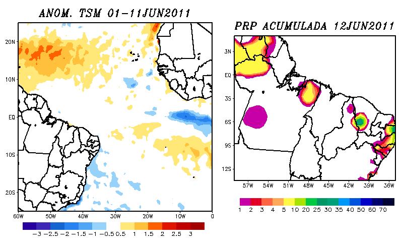 Boletim Técnico do SIPAM Condições Climáticas Globais Analisando o campo de Temperatura da Superfície do Mar (TSM), na Figura 1a, são observadas anomalias positivas sobre o Atlântico Tropical Norte