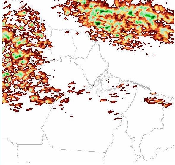 Figura 4. Precipitação diária (mm) estimada por satélite sobre o Estado do Pará entre as 12h do dia 12 de junho de 2011 e as 12h do dia 13 de junho de 2011. Fonte: DSA/INPE.