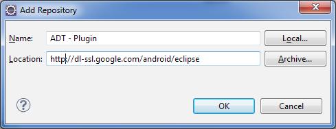 Selecione então a opção Add. Preencha o campo name com a string ADT - Plugin e digite o endereço http://dl-ssl.google.com/android/eclipse/ no campo Location, conforme mostrado na figura B.