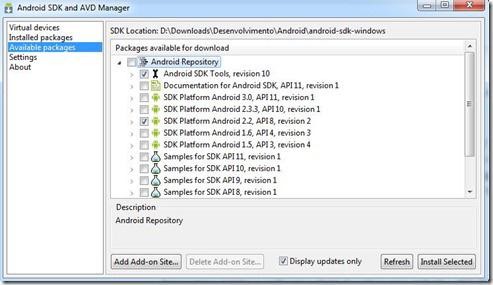 Figura B.10 Tela que mostra a seleção de versões do Android SDK para baixar e instalar.
