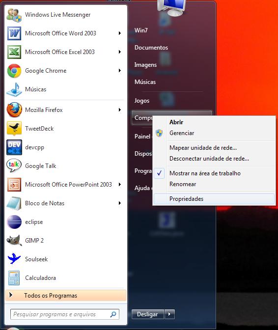 Figura B.11 Clicando em Propriedades do Computador.