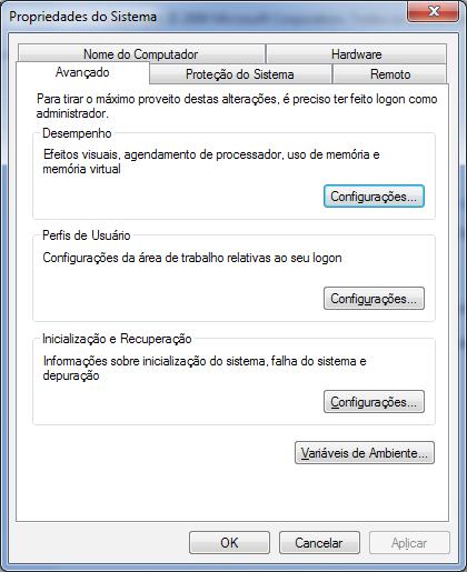 Figura B.13 Propriedades do Sistema. Clique no botão Variáveis de Ambiente... e enfim a figura que permite a edição de variáveis será apresentada. A figura B.