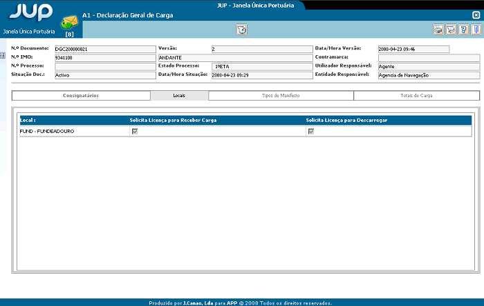 PÁGINA 65 DE 174 Separador - Locais: Campos apresentados: Local: Terminal onde o navio efectua a carga ou descarga.