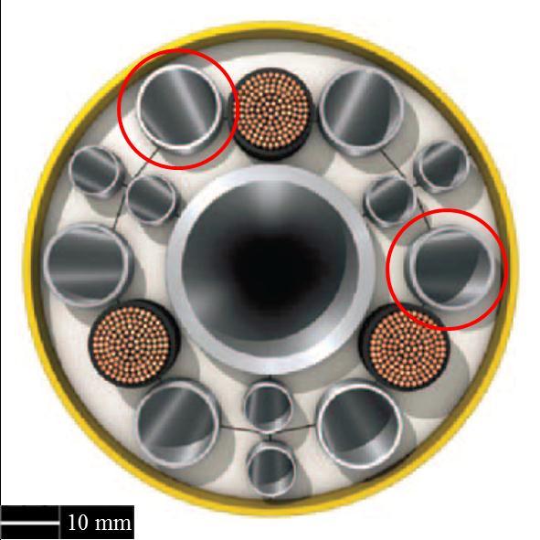 19 Figura 1 - Imagem dos umbilicais, com os tubos de aço inoxidável hiperdúplex destacados em vermelho. Fonte: CHAI et al., 2009.