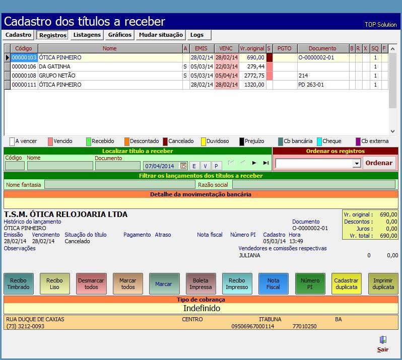 A tela dos registros é ideal para o usuário visualizar todos os lançamentos de títulos a receber, nesta tela o sistema utiliza a padronização de cores em alguns campos para que a informação seja