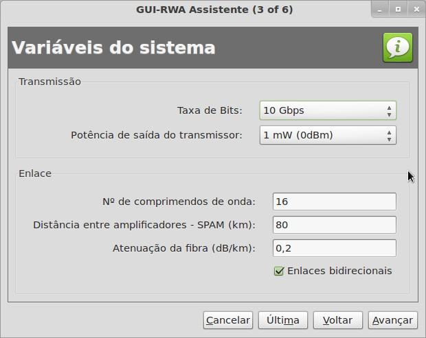 mínimo, o tráfego máximo e a BER. Após preencher todos os campos, o usuário deve clicar no botão Avançar. Figura 3.7 Tela 2 do assistente de configuração de parâmetros. A Fig. 3.8 apresenta a terceira tela do assistente.