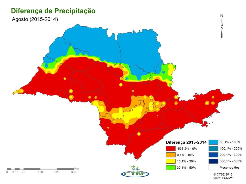 Agosto de 2015 apresentou déficit de chuvas comparado com agosto de