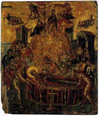 A Morte da Virgem (antes de 1567, painel em têmpera e ouro, 61,4 45 cm, Catedral da Sagrada Morte da Virgem, Hermópolis, Siros) foi provavelmente