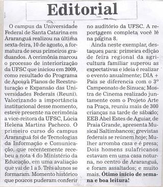 Jornal Enfoque Popular* Editorial *(dias 11,12 13 de agosto de 2012) UFSC / Araranguá / Formatura da primeira turma / Programa de Apoio à Planos de Reestruturação e Expansão das Universidades