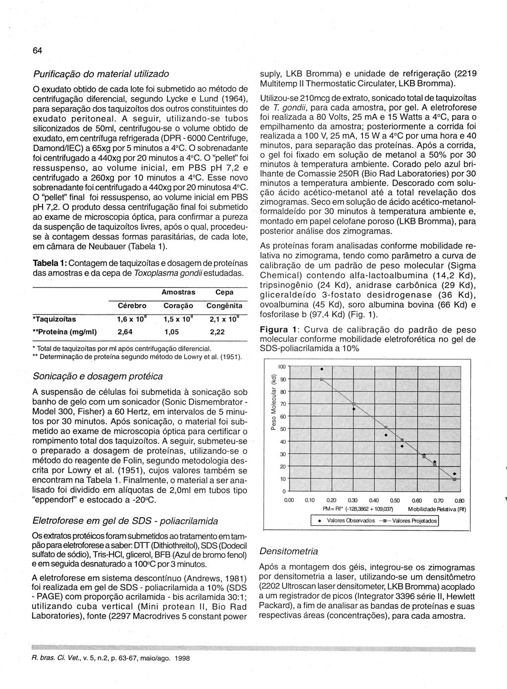 64 Purificação do material utilizado O exudato obtido de cada lote foi submetido ao método de centrifugação diferencial, segundo Lycke e Lund (1964), para separação dos taquizoítos dos outros