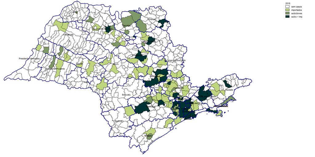 Distribuição dos municípios com casos confirmados (autóctones e importados) de Chikungunya no Estado de São Paulo, ano 2016 Fonte: Sinan Net