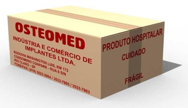 telefone e com os seguintes dizeres Produto Hospitalar e Cuidado Frágil. A caixa de papelão é lacrada com fita adesiva.