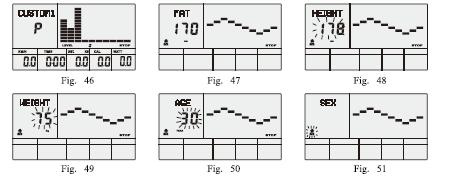 7. Pressione START/ STOP para iniciar o exercício. 8) Programa de Medição de Gordura Corporal 1. Pressione (ou gire) a tecla UP, DOWN para selecionar o programa de TESTE DE GORDURA CORPORAL (Ver fig.