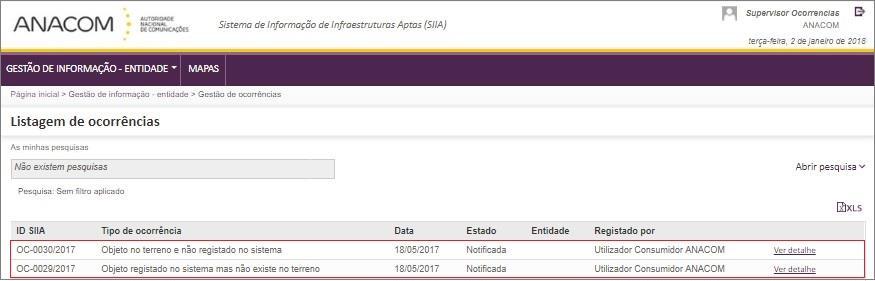 Figura 9 - Listagem de ocorrências A listagem de ocorrências é composta pelos seguintes campos: ID SIIA Identificador único da ocorrência no SIIA; Tipo/Subtipo de ocorrência Tipo de ocorrência e que