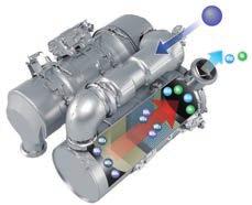 Pós-tratamento para trabalhos duros O sistema de pós-tratamento combina um Filtro de Partículas Diesel da Komatsu (KDPF) e a Redução Catalítica Selectiva (SCR).